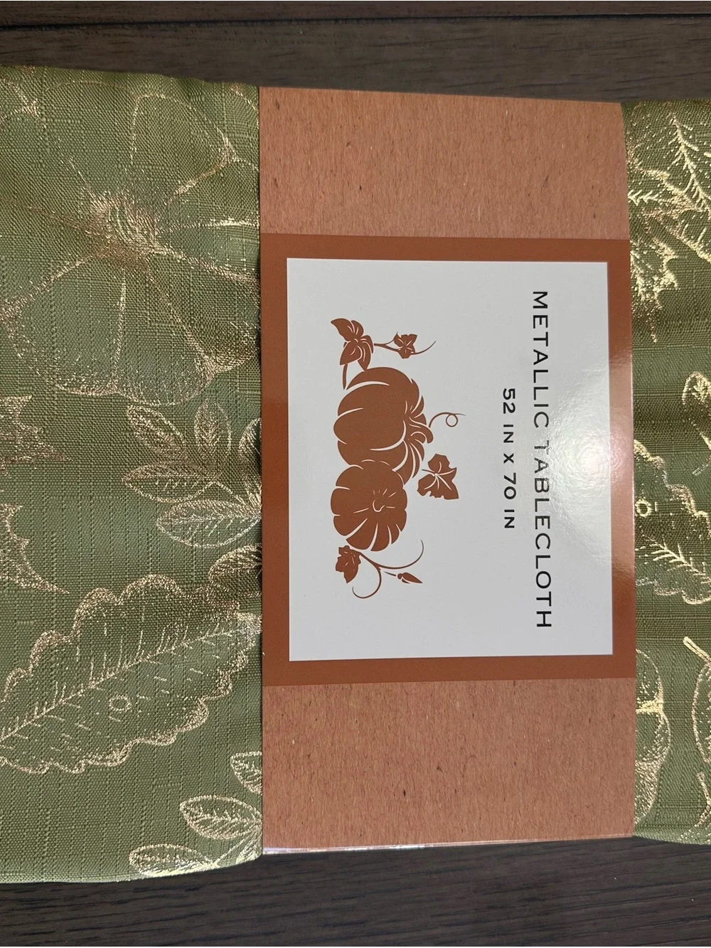 Metallic Leaf Print Fall Tablecloth Green/Gold Floral Accents - Home Dining